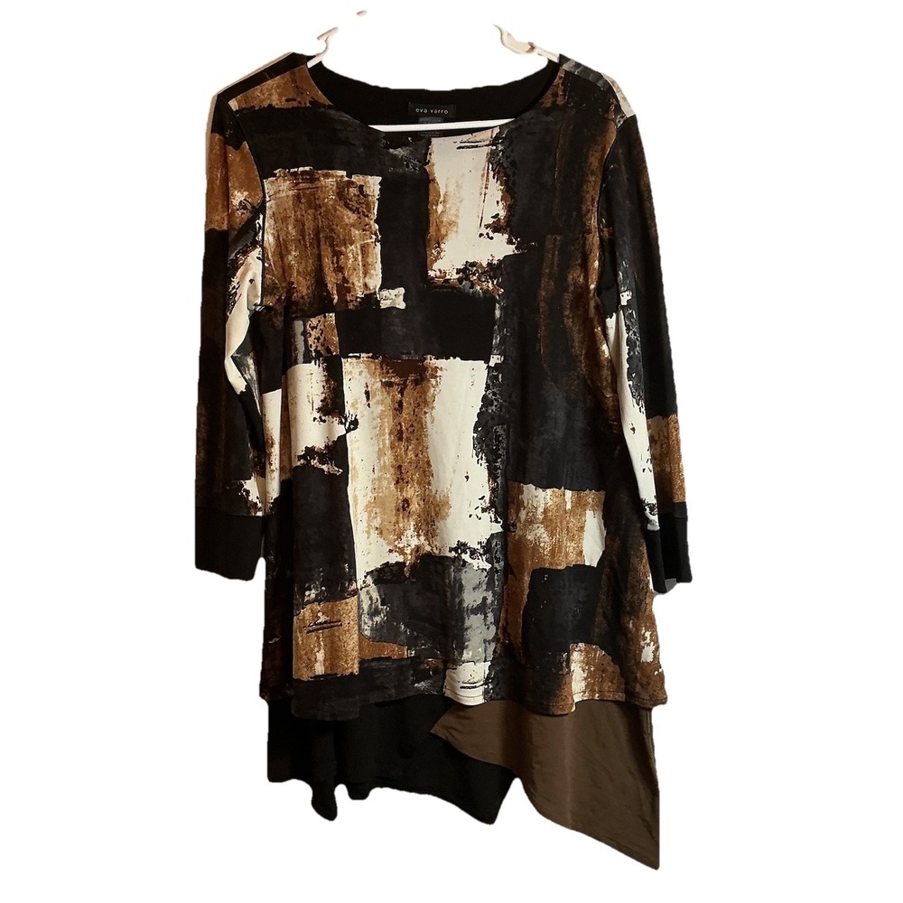Eva Varro Earthy Art Tunic‎ Top Stretch Asymmetrical Hem - Made In USA - Size L